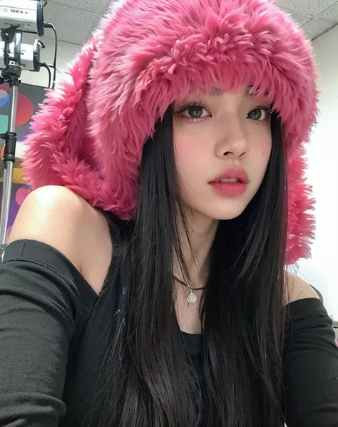 chica araffe con cabello largo y negro con un peludo sombrero rosa., jossi de blackpink, blackpink jennie, retrato de jossi de b...