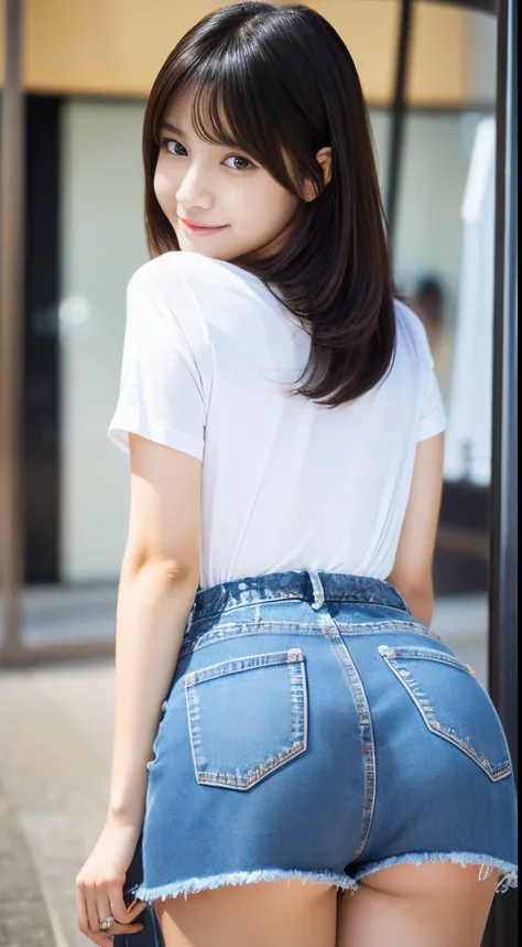 Best-quality, Masterpiece, Ultra-High-Resolution, (Photorealistic:1.4), Raw-Photo, Extremely-Details, Perfect-Anatomy, 1girl, 18-years-old, the most famous Japanese idol, cowboy-shot, upturned ass, looking at viewer, innocent smile, wearing denim hot pants...