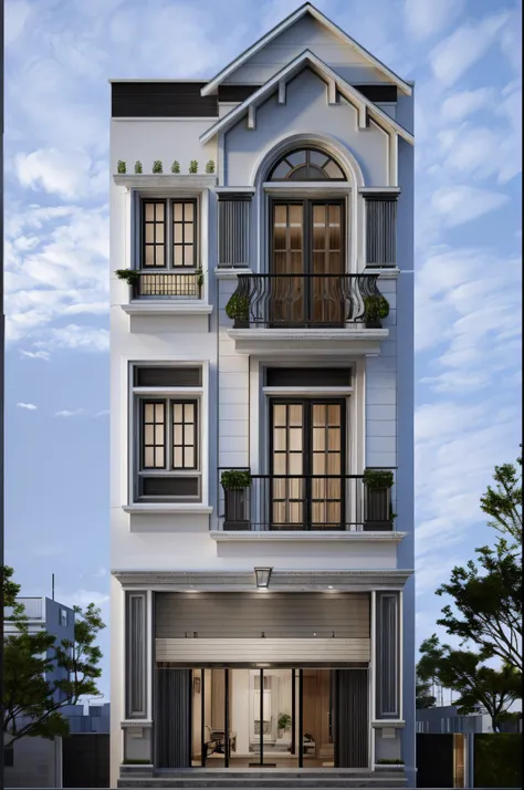 Rendering of a modern residential townhouse, professional render, wide angle exterior 2023, highly detailed render, high quality rendering, realistic render,  architectural render, high - quality render, detailed rendering, hyper - realistic render, very r...