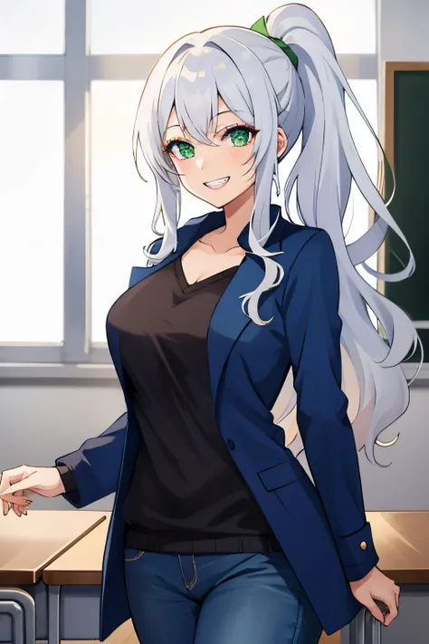 one girl, long wavy hair, white hair,ponytail,light green eyes,big breasts,(makeup),(happy smile),(clenched teeth)blue coat,jeans,( standing),classroom,desk, pov from front, looking at viewer