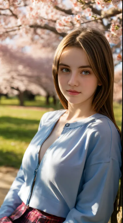 16 year old pre-teen, European, blonde, small breasts, big eyes, long legs, close-up on thighs, nightgown, park background, tree, cherry blossom, sunrise, light through fabric, specular light, tracing radius, HDR