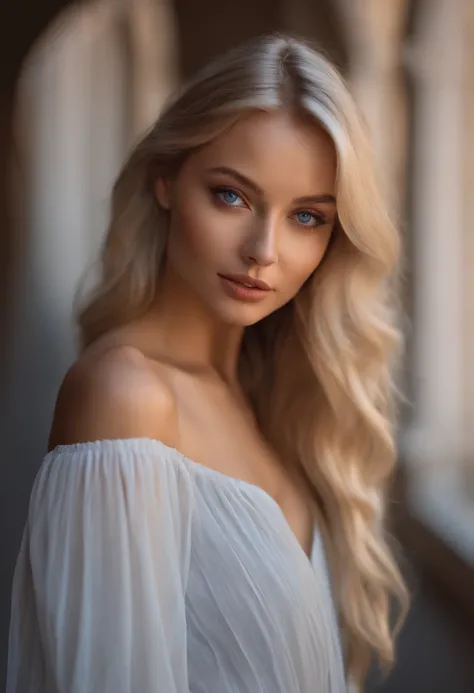 A poised and alluring woman with captivating blue eyes, resembling the ultra-realistic Sophie Mudd. Blonde girl, She wears natural makeup, exudes a sexy charm in a short dress, blonde hair color and poses in Italy setting with a prominent bust.