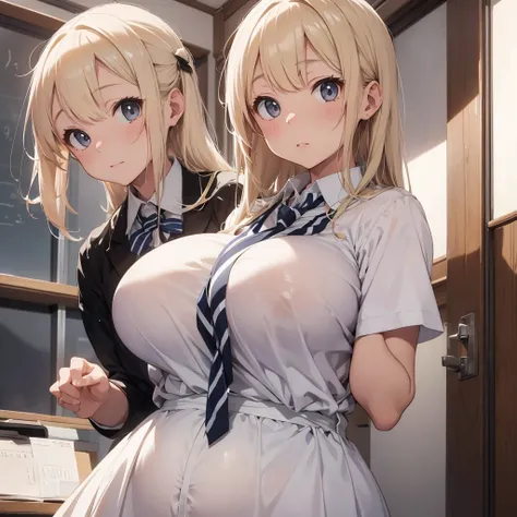 A white, blonde haired girl 9 months pregnant in a white school uniform with a messy striped tie that is nothing compared to her massive breasts