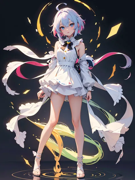 ultra-detailed,best quality,high resolution,masterpiece,((full body)),solo,(((upright))),1girl,looking at viewer,total body,upright stance,arms at sides,consept art,white background,simple bakground,multicolored hair,ahoge,complex cloth,virtual youtuber,he...