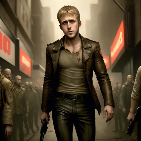 Ryan gosling from blade runner surrounded by a horde of zombies