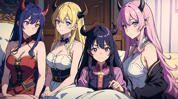 3 demon girls, girls with different hair colors and horns, girls in dresses, young and beautiful, royal sister, young anime peop...