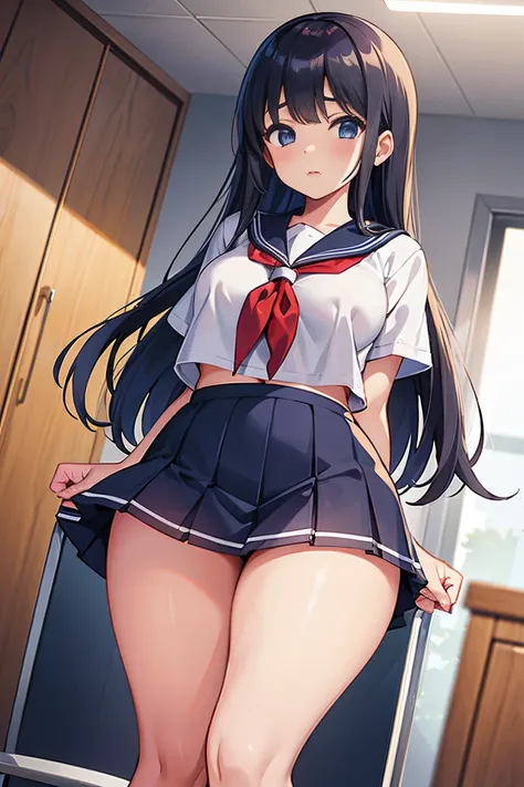 A high school girl wearing a thick miniskirt and sailor uniform in the health room