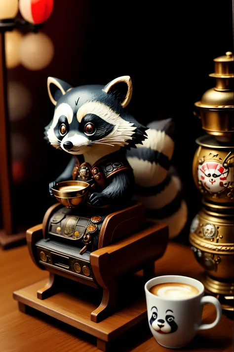 Japan vintage miniature toys tabletop, Steampunk raccoon dog, Japanese sweets in Japan, Micro Coffee Machine, Flowing liquid, Smoke, Little Ghost, Awards, top-quality, movie lights, Awards, top-quality, Ultra HD, Ultra HD, multi view, Awards, top-quality, ...