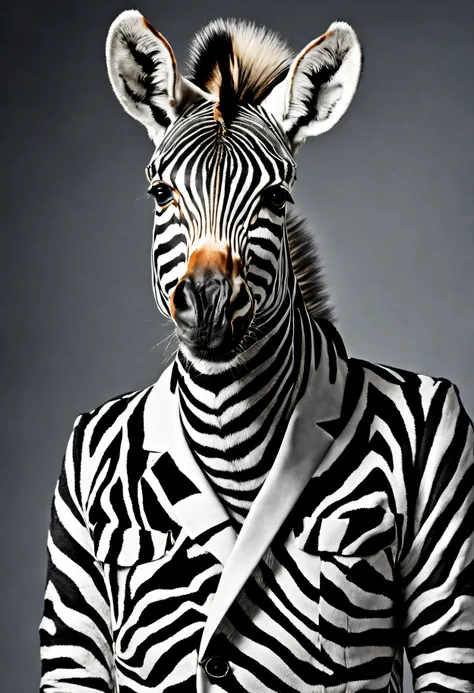 Realistic portrait of dressed animal - a zebra fashion model, high qulity, The is very detailed, Studio lighting,