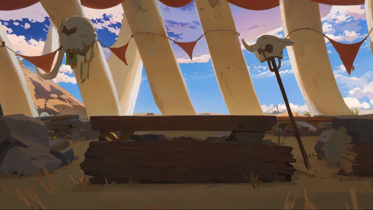 there are several flags hanging from the ceiling of a tent, arena background, background art, wood table in the middle, painted as a game concept art, random background scene, ancient interior tent background, concept painting, odins stone arena background...