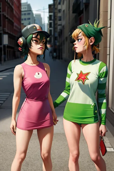 2girls, noodle (gorillaz), jsrgum, both wearing same outfit, shaking hands each other