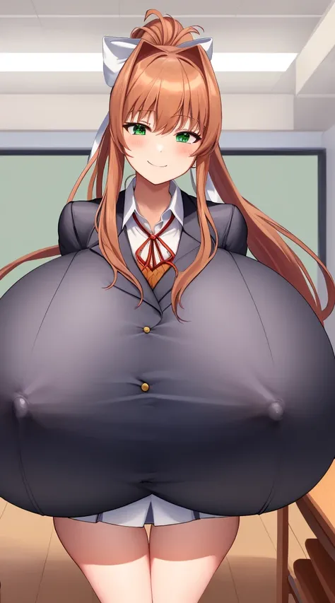 2d, masterpiece, best quality, anime, highly detailed, cowboy shot, 1girl, solo, monika, green eyes, very long hair, ponytail, school uniform, standing, leaning forward, arms behind back, smile, classroom, (huge breasts:1.6), lactation