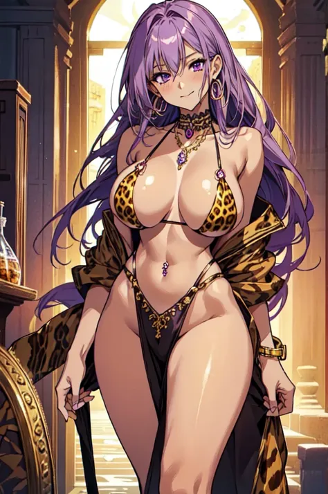 (highest quality), (masterpiece), (intricate high detailed body:1.2), gyaru, (shiny oiled skin:1.1), 1girl, sketch, leopard print micro bikini, two-tone hair, blonde hair and purple hair, long hair, blush, naughty face, (gigantic breasts:1.2),cleavage, hoo...