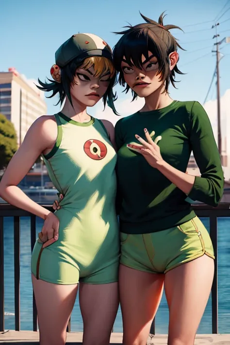 2girls, masterpiece, noodle (gorillaz), jsrgum, both wearing same outfit, shaking hands each other, party club