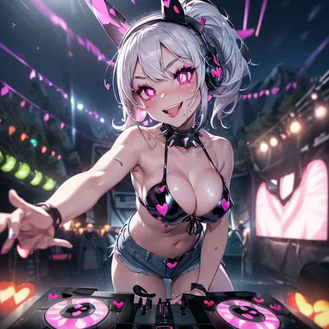 top quality, (Masterpiece: 1.3), (Maximum resolution: 1.2), (Ultra HDTV: 1.2), Cinema light, Ultra HDTV, (Detailed eyes and skin), (Detailed facial features), HDR, 8k resolution, Sharp Focus: 1.2, (solo DJ girl:1.6), ((She rocked the floor with her DJ boot...