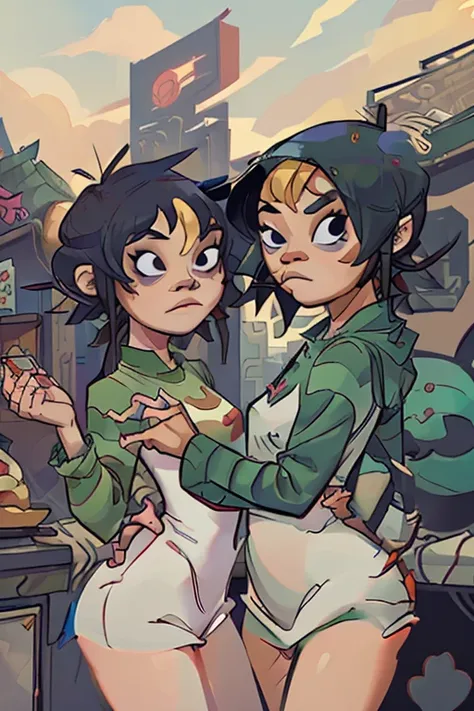 2girls, masterpiece, noodle (gorillaz), jsrgum, both wearing same outfit, shaking hands each other, party club