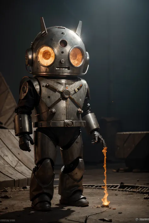 A crazy toy with a big one A Soviet one-eyed robot from CCCP, y casco Estilo, Pinzas en las manos, Cabeza de TV, cabeza de alfiler, camuflaje Oro Plata Rosa Oxidado, Atmosphere in the crater of a super-detailed meteorite, centro, Beautiful, Soft lighting, ...