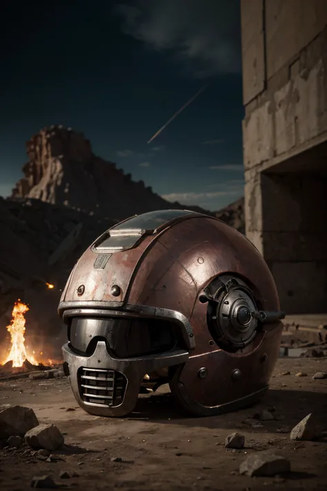 A crazy toy with a big one A Soviet one-eyed robot from CCCP, y casco Estilo, Pinzas en las manos, Cabeza de TV, cabeza de alfiler, camuflaje Oro Plata Rosa Oxidado, Atmosphere in the crater of a super-detailed meteorite, centro, Beautiful, Soft lighting, ...