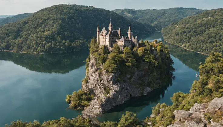 A historic European castle, perched on a cliff overlooking a serene lake. captured on a sony A6000