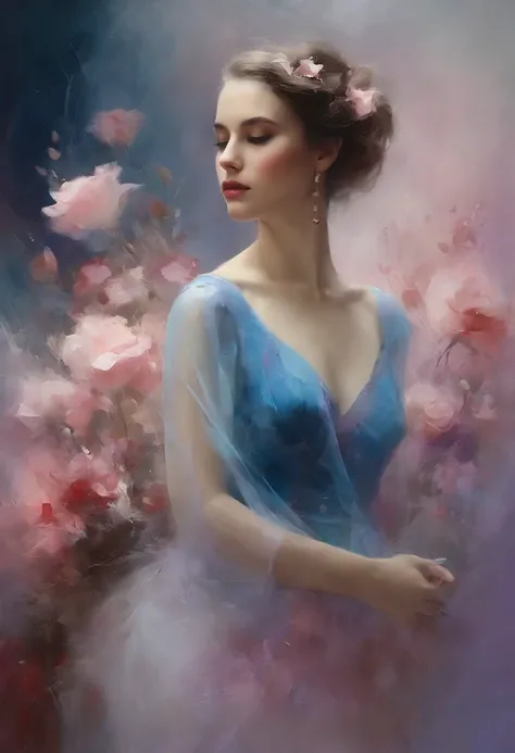 1girl,flor, Lisianthus ,En el estilo de rosa claro y azul claro, dreamy and romantic compositions, pale pink, ethereal foliage, playful arrangements,fantasy, alto contraste, ink strokes, Explosiones, over exposure, purple and red tone impression , abstract...