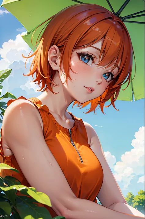 (a woman, park, sunny day, orange sundress, RAW, UHD, 8K, upper body portrait:1.1, head, highly detailed face, stunning eyes, orange short hair, back towards camera, wet clothes, vibrant colors, warm sunlight) sitting, back view