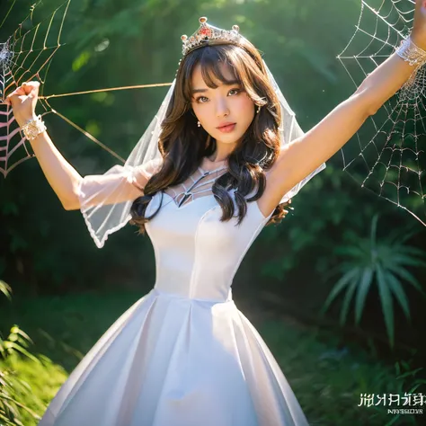 (((Best Quality, masutepiece, 超A high resolution、The most complex and detailed depictions、awardwinning, 8K)))、((1 Princess、The most luxurious pure white princess dress、Beautiful woman caught in a huge spider web、caught by a giant spider&#39;web of、trapped ...