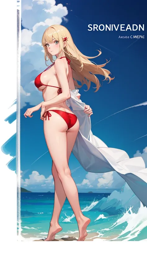 1girl full body, barefoot, standing straight, looking to the viewer, red bikini, big breast, showing ass, blonde long hair, white skin, thighs, crossing legs