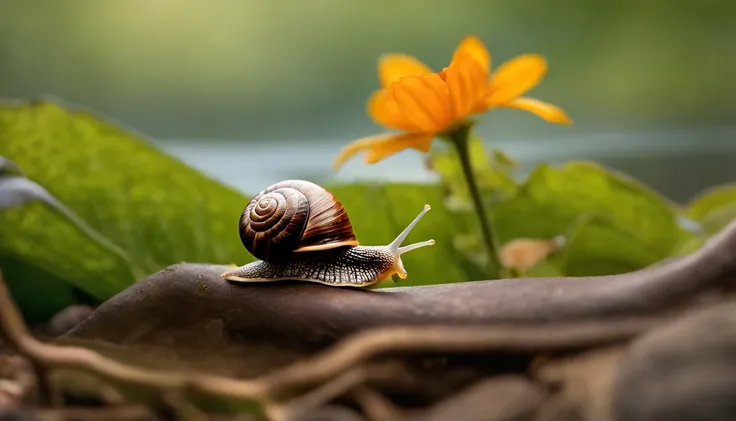 Imagine a captivating scene where a tiny snail, with exquisite micro-details, leisurely crawls along a small branch suspended over a tranquil pond. Envision the snail in the warm glow of golden hour, its delicate body highlighted by the soft, enchanting li...