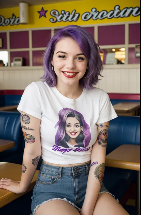 street photography photo of a young woman with purple hair, smile, happy, cute t-shirt, tattoos on her arms, sitting in a 50s diner