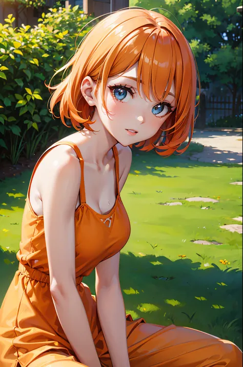 (a woman, park, sunny day, orange sundress, RAW, UHD, 8K, upper body portrait:1.1, head, highly detailed face, stunning eyes, orange short hair, back towards camera, tight clothes, vibrant colors, warm sunlight) sitting,