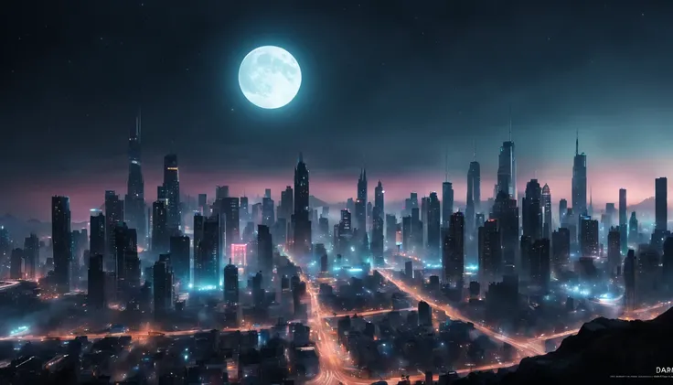 Dark city in hyper-realistic 8k quality, con colores obscuros de noche con la luna en cuarto menguante, noche estrellada, en 3d, con rascacielos detallados, con neblina, No cars, que incluya robots con inteligencia artificial