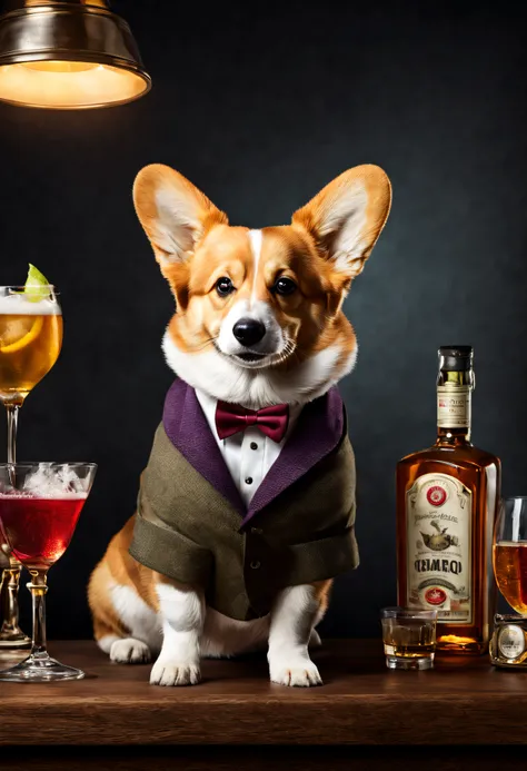 photorealistic portait of Dressed animals - a Corgi bartender, high quality, highly detailed, studio lighting,full body