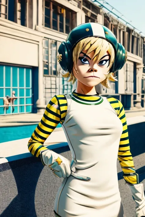 1girl, masterpiece, noodle (gorillaz), short blonde hair, helmet, short dress, striped sleeves, white gloves, party club