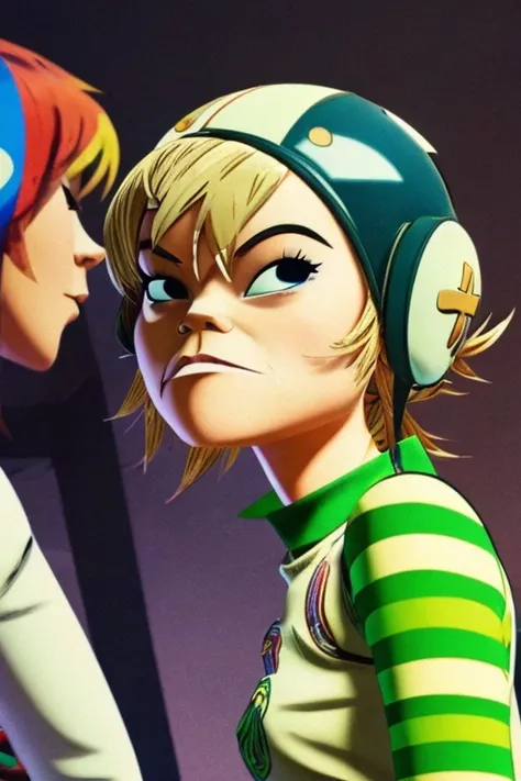 1girl, masterpiece, noodle (gorillaz), short blonde hair, helmet, short dress, striped sleeves, white gloves, party club