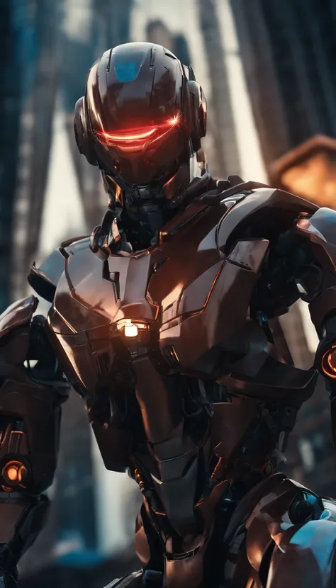 (best quality,8k,ultra-detailed,realistic:1.2),helmeted robot,sci-fi,focus on male,armor,architecture,robot,red eyes,surreal art,metal shell,hyper-realistic,advanced technology,sharp edges,mechanical parts,glossy surface,strong contrast,shadows,neon lights...