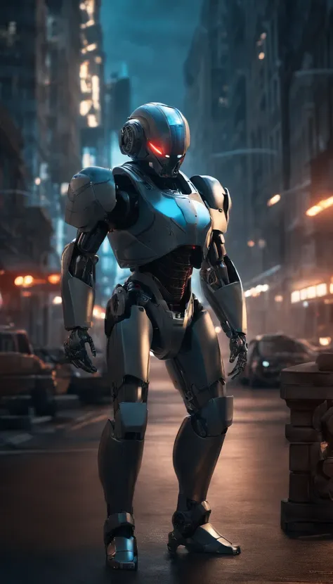 (best quality,8k,ultra-detailed,realistic:1.2),helmeted robot,sci-fi,focus on male,armor,architecture,robot,red eyes,surreal art,metal shell,hyper-realistic,advanced technology,sharp edges,mechanical parts,glossy surface,strong contrast,shadows,neon lights...