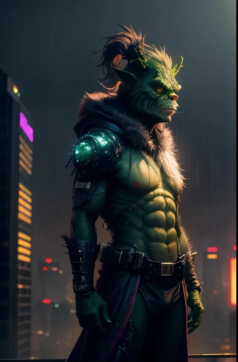 The Grinch, (((full-body))), Cypherpunk style, wide shot, street, Breathtaking, 8k resolution, extremely detailed, beautiful, establishing shot, artistic, hyperrealistic, ultra realistic render, extremely fine details, like-like render, cinematic lighting,...