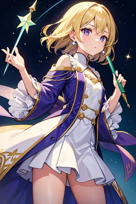 Idade：18 years old gender：female
race：human being
Affiliation / Occupation：wizard
Hair color and hairstyle：Short wavy blonde hair, eye color：emerald green
Skin color：ivory attire：Decoration with a star pattern on a purple robe：Star-shaped earrings
Personal...