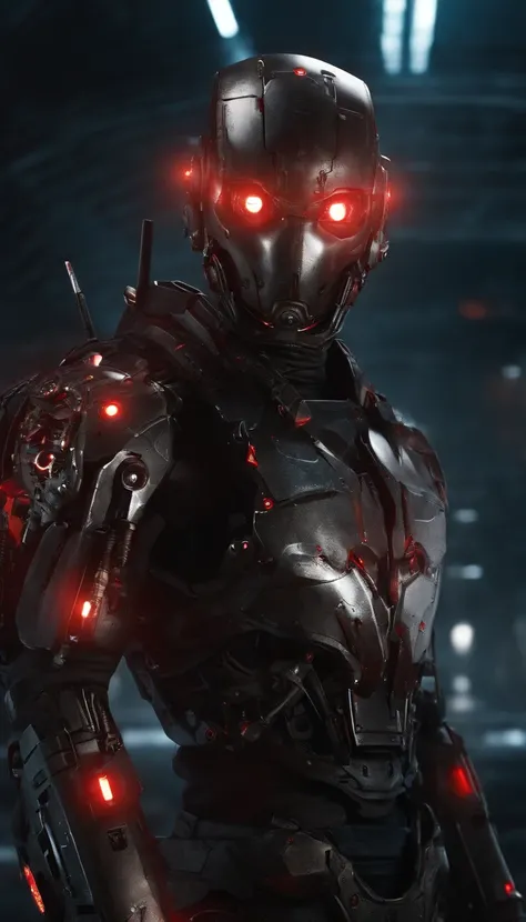 (best quality,8k,highres,masterpiece:1.2),ultra-detailed,red-eyed cybernetic soldier,metallic,extremely detailed gears and joints,intricate hydraulic system and wiring,mechanical parts surrounded by sparks,high-tech futuristic design,grim and menacing pres...