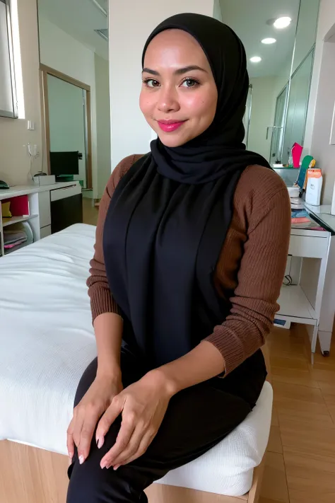 1 malay girl , (modern plain cream hijab) , smile, medium portrait shot , watery  eyes , wear sweater ,((black lingerie sock  )), white modern hotel bedroom background, bright front light, breast grab pose, ((big tits:1.5)) , ((excessive cum:1.2)),  , (((s...