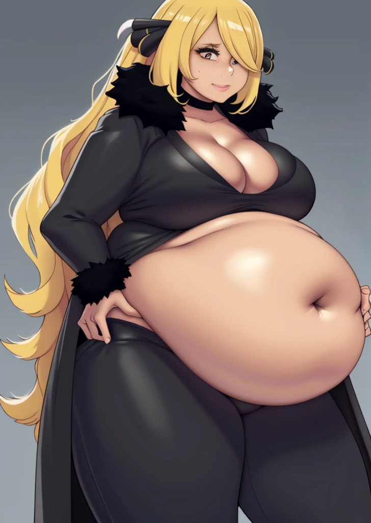 cynthia (pokemon), art by kipteitei, 1girl, solo, chubby, fat, anime, belly, big belly, full belly, muffin top, back fat, fat rolls, bbw, thick thighs, large breasts, grabbing belly, standing, blonde hair, hair over one eye, looking at viewer, black fur-tr...