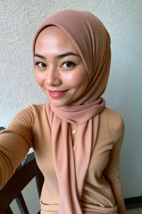 1 malay girl , (modern plain cream hijab) , smile, medium portrait shot ,  (realistic, photo-realistic:1.5), ( from above)