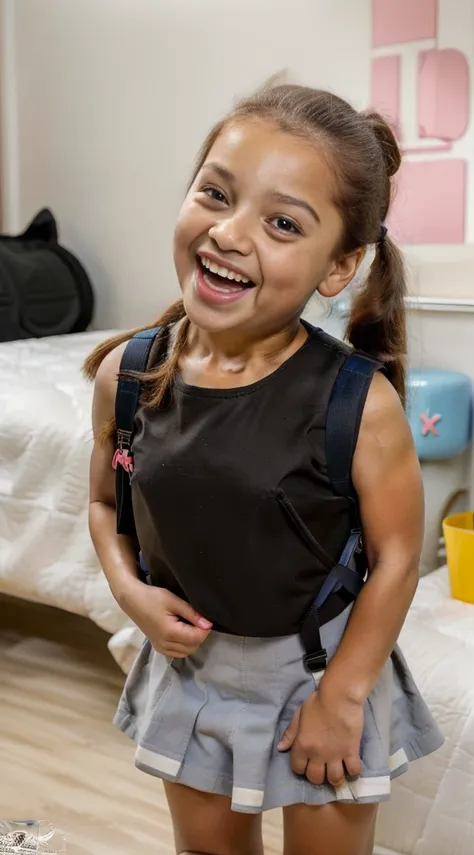 SFW: Little girl ponytails (big breast) using a kindergartens backpack wearing girl scout uniform, on bedroom, happy face, open mouth, clean face, looking to the viewer.