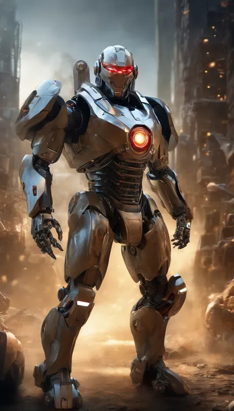 (an 8K,highres,ultra-detailed,masterpiece:1.2) cyborg warrior with a metallic body and glowing red eyes, (realistic,physically-based rendering) reflecting light in a mesmerizing way. Equipped with a powerful arsenal of futuristic weaponry, this (ultra-fine...