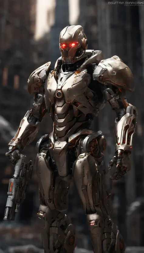 (an 8K,highres,ultra-detailed,masterpiece:1.2) cyborg warrior with a metallic body and glowing red eyes, (realistic,physically-based rendering) reflecting light in a mesmerizing way. Equipped with a powerful arsenal of futuristic weaponry, this (ultra-fine...