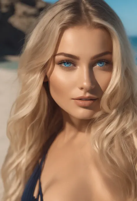 A poised and alluring woman with captivating blue eyes, resembling the ultra-realistic Sophie Mudd. Blonde girl, She wears natural makeup, exudes a sexy charm bikini outfit, blonde hair color and poses in beach setting with a prominent bust.