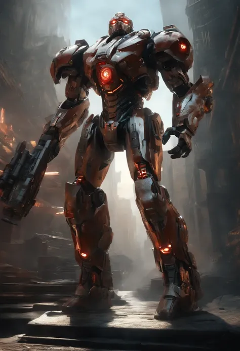 (an 8K,highres,ultra-detailed,masterpiece:1.2) cyborg warrior with a metallic body and glowing red eyes, (realistic,physically-based rendering) reflecting light in a mesmerizing way. Equipped with a powerful arsenal of futuristic weaponry, this (ultra-fine...