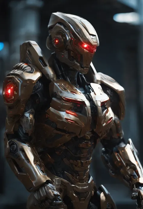 (an 8K,highres,ultra-detailed,masterpiece:1.2) cyborg warrior with a metallic body and glowing red eyes, (realistic,physically-based rendering) reflecting light in a mesmerizing way. Equipped with a powerful arsenal of futuristic weaponry, this (ultra-fine...