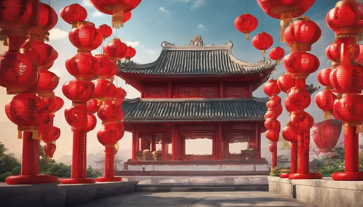 Very beautiful red lantern 3D，Lots of lanterns，Chinese New Year scene，Large depth of field perspective，chineseidol，Vivid effects and details，Excellent picture quality，A high resolution