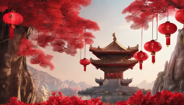 Very beautiful red lantern 3D，Lots of lanterns，Chinese New Year scene，Large depth of field perspective，chineseidol，Vivid effects and details，Excellent picture quality，A high resolution